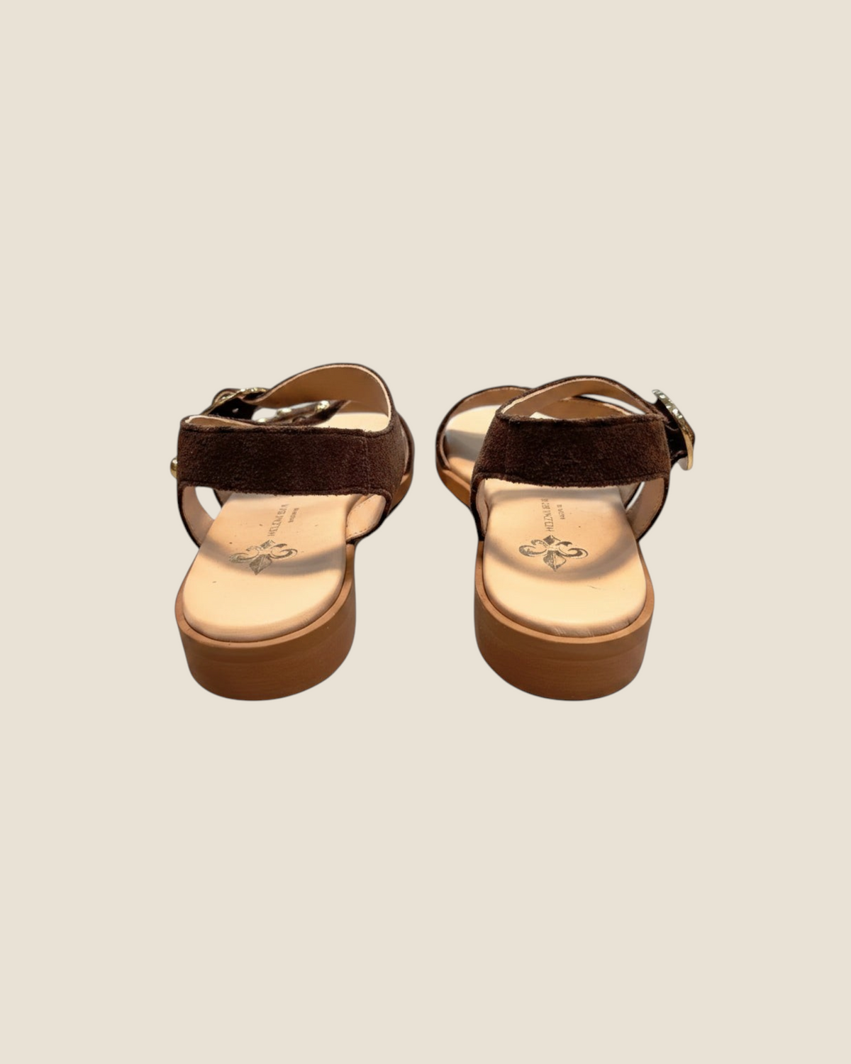 Madison Shop Helena Backer dark brown suede flat sandals with gold studs and ankle strap, rear view.