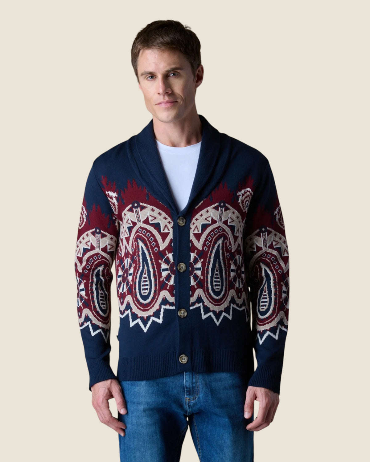 Cardigan Sciallato con intarsio Jaquard Paisley Blu (3)