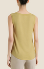 Madison Shop Ragno sleeveless viscose top in olive green with a wide shoulder, crew neck, and flared hem, back view.