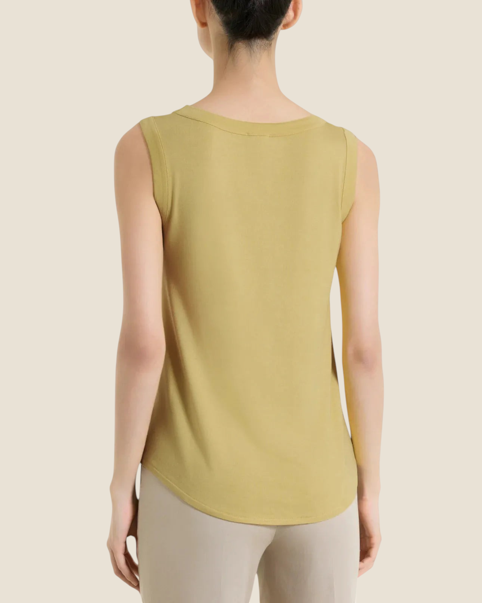Madison Shop Ragno sleeveless viscose top in olive green with a wide shoulder, crew neck, and flared hem, back view.