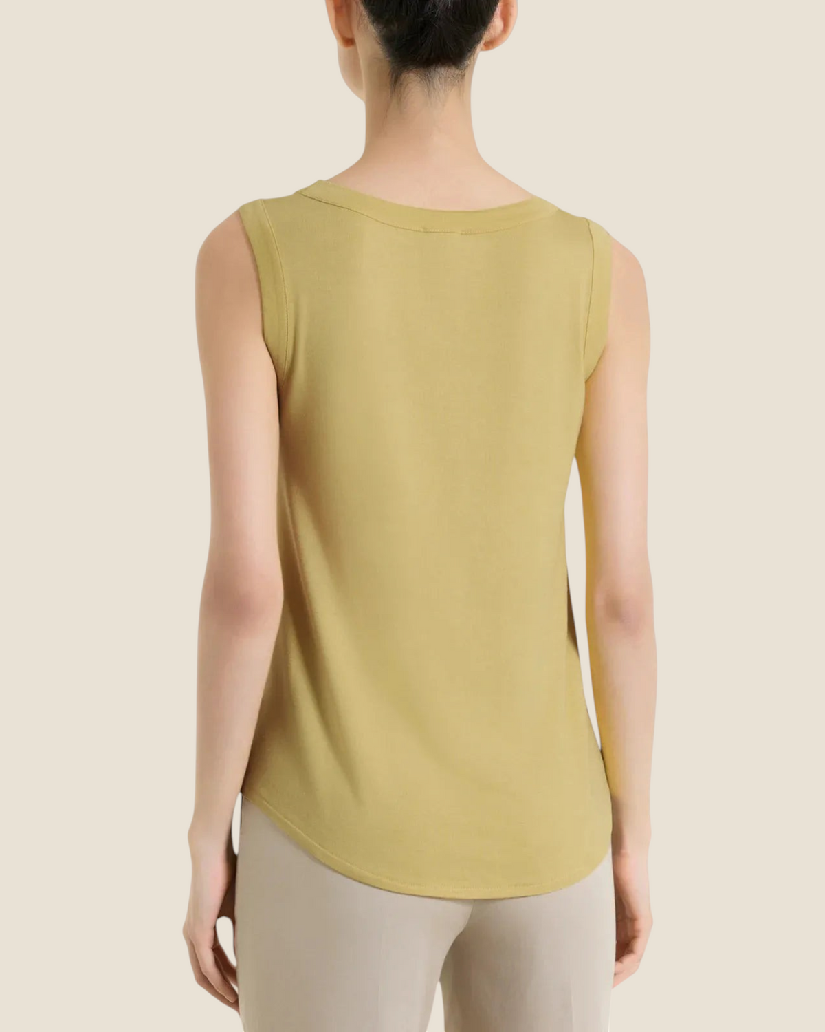 Madison Shop Ragno sleeveless viscose top in olive green with a wide shoulder, crew neck, and flared hem, back view.