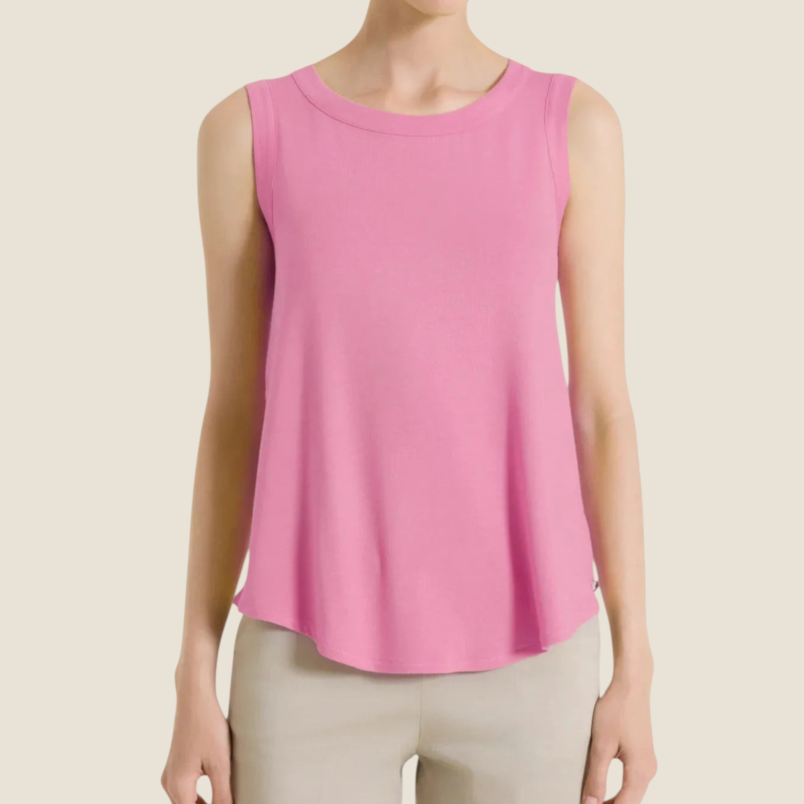 Madison Shop pink sleeveless viscose jersey top with a wide-shoulder crew neck and a soft, flared fit.