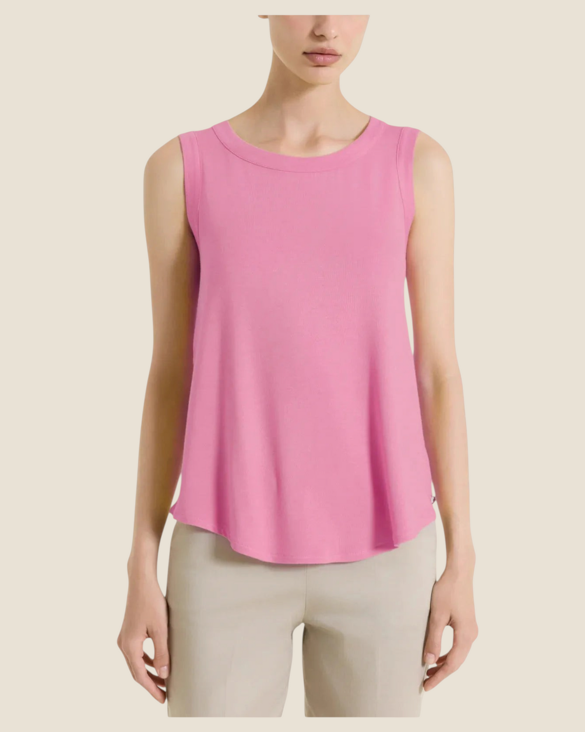 Madison Shop pink sleeveless viscose jersey top with a wide-shoulder crew neck and a soft, flared fit.