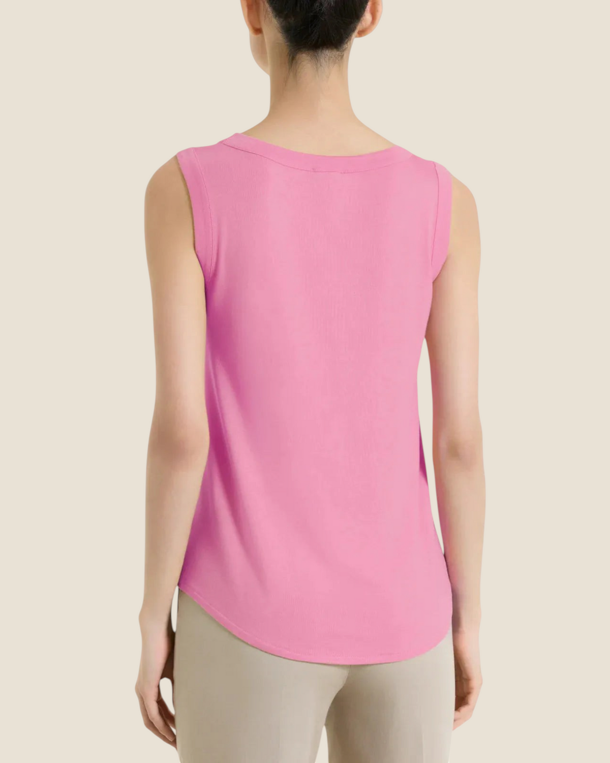 Madison Shop Ragno pink sleeveless viscose jersey top with wide shoulders and a flared hem, back view.