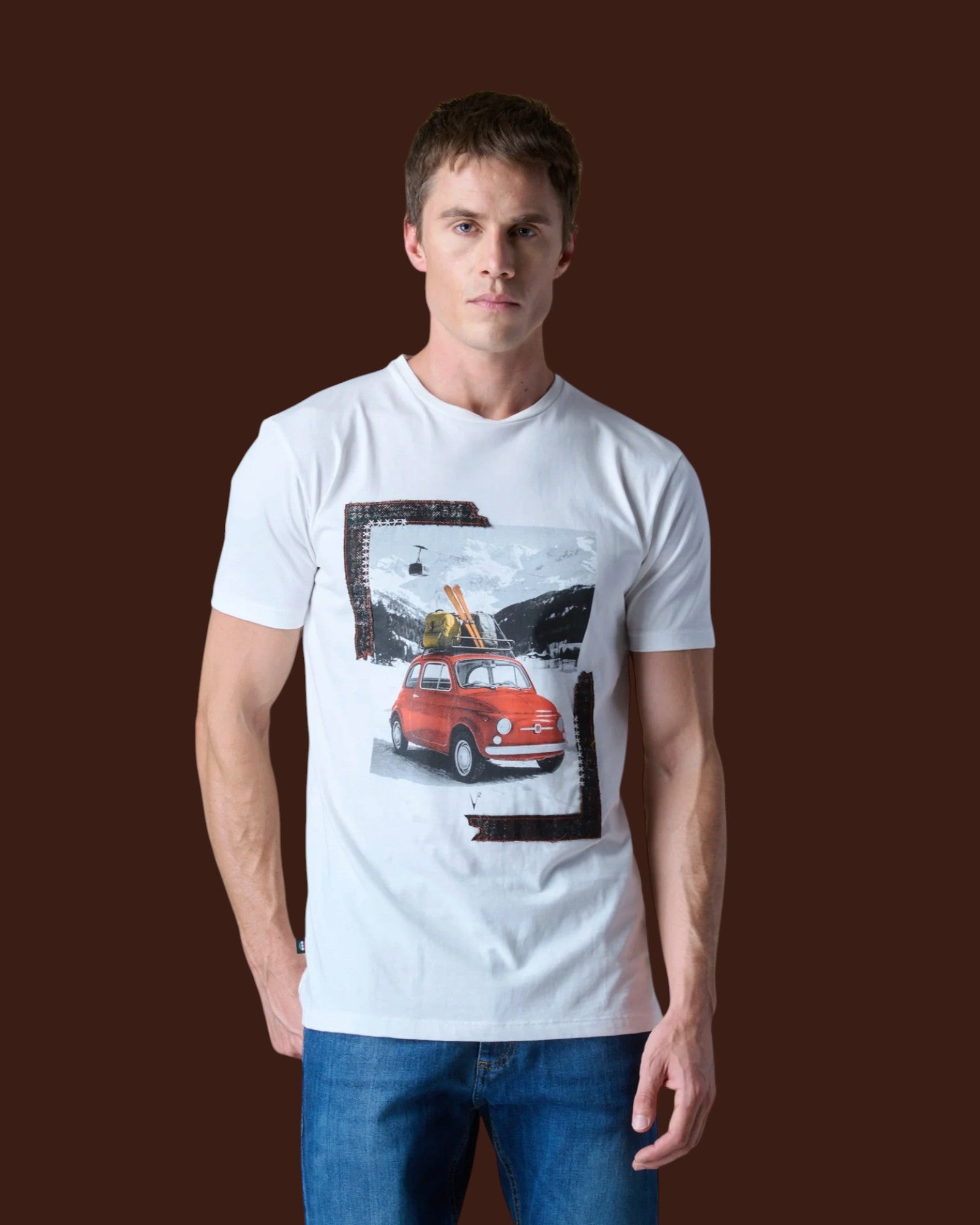 T-Shirt con stampa Macchina Vintage e inserti in tessuto V2 Panna (2)