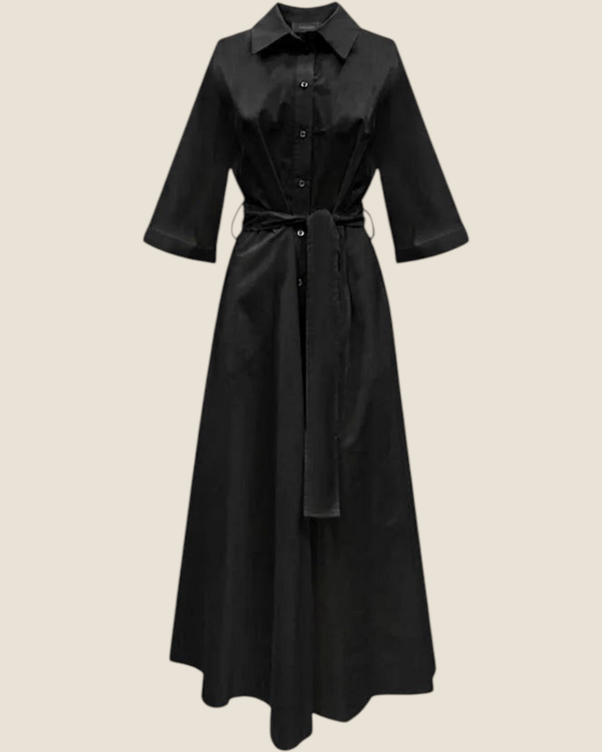 Abito camicia lungo nero Madison Shop in cotone con cintura in vita, maniche a tre quarti e gonna fluida