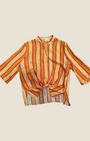 Madison Shop Dixie striped shirt with mandarin collar, three-quarter sleeves, and front tie detail in orange tones.