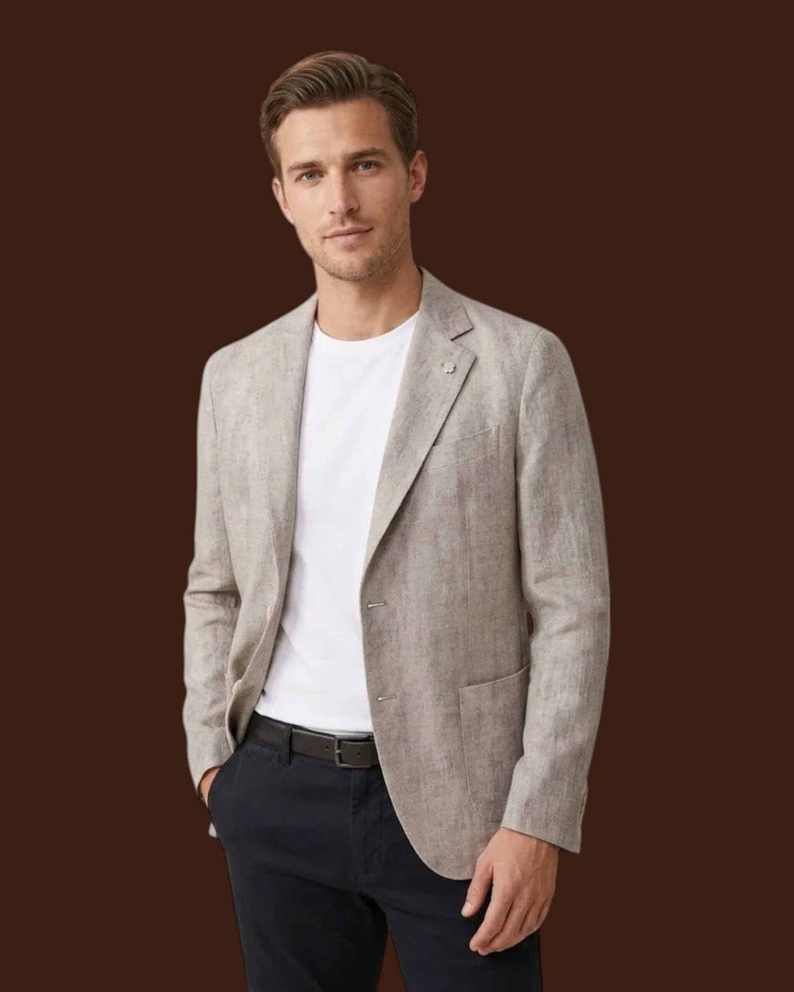 Madison Shop beige single-breasted blazer in textured polyester with peak lapels and patch pockets on a male model