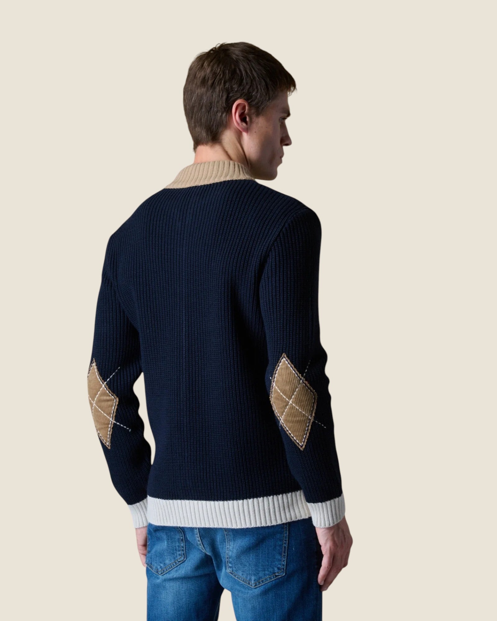 Cardigan Full Zip Costa Inglese con Toppe in velluto Ricamate Blu (3)