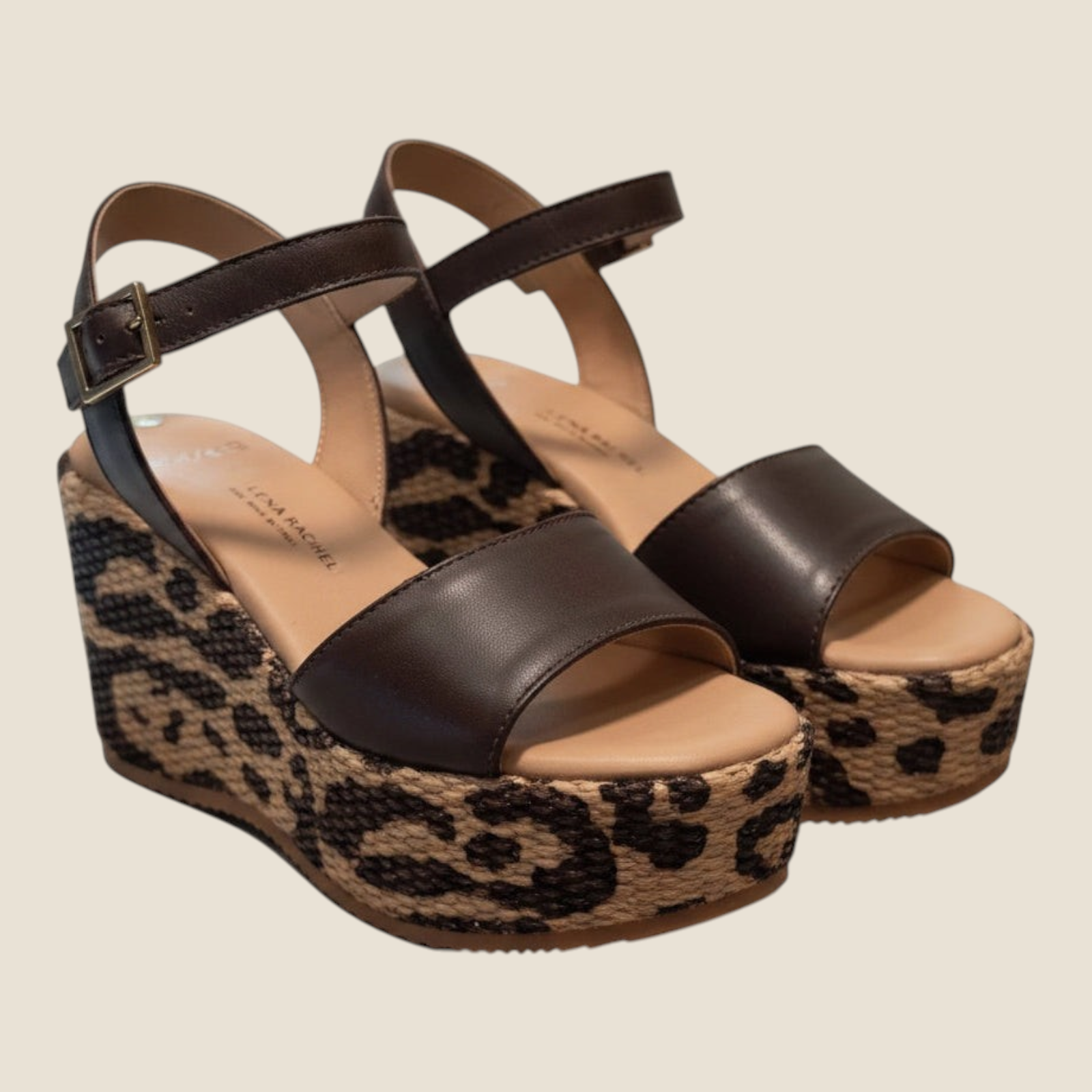 Madison Shop Helena Backer dark brown leather wedge sandals with leopard print rope platform and ankle strap