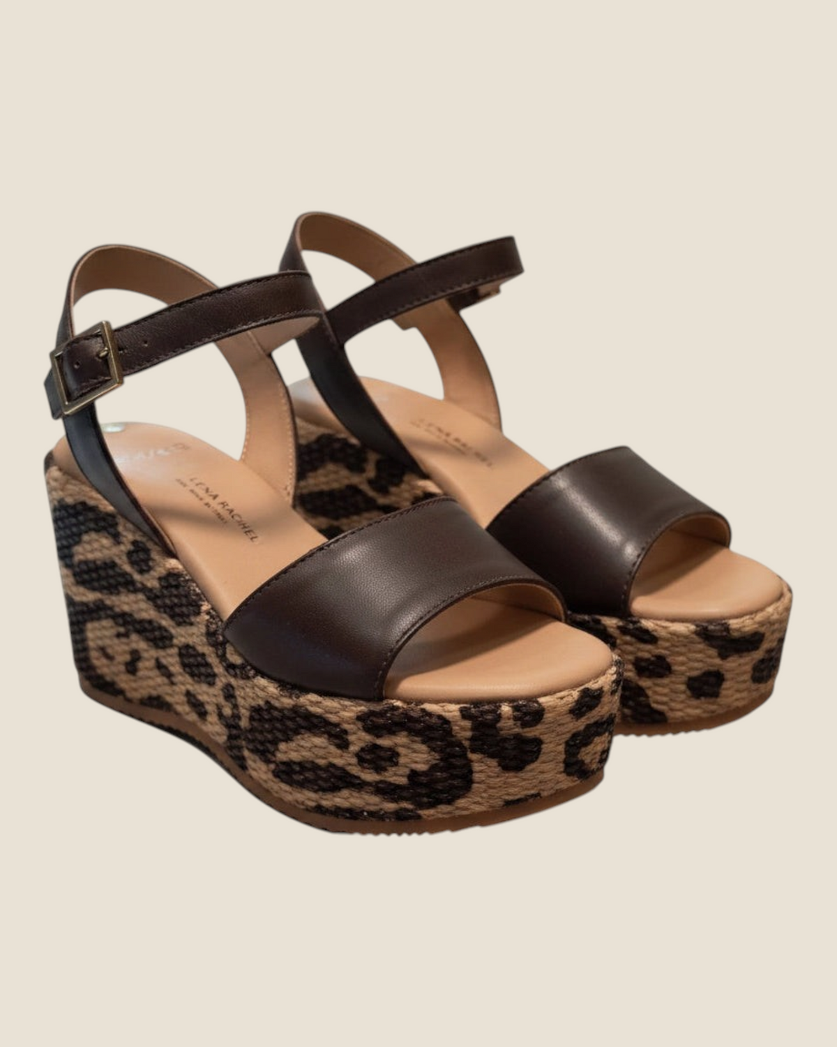 Madison Shop Helena Backer dark brown leather wedge sandals with leopard print rope platform and ankle strap