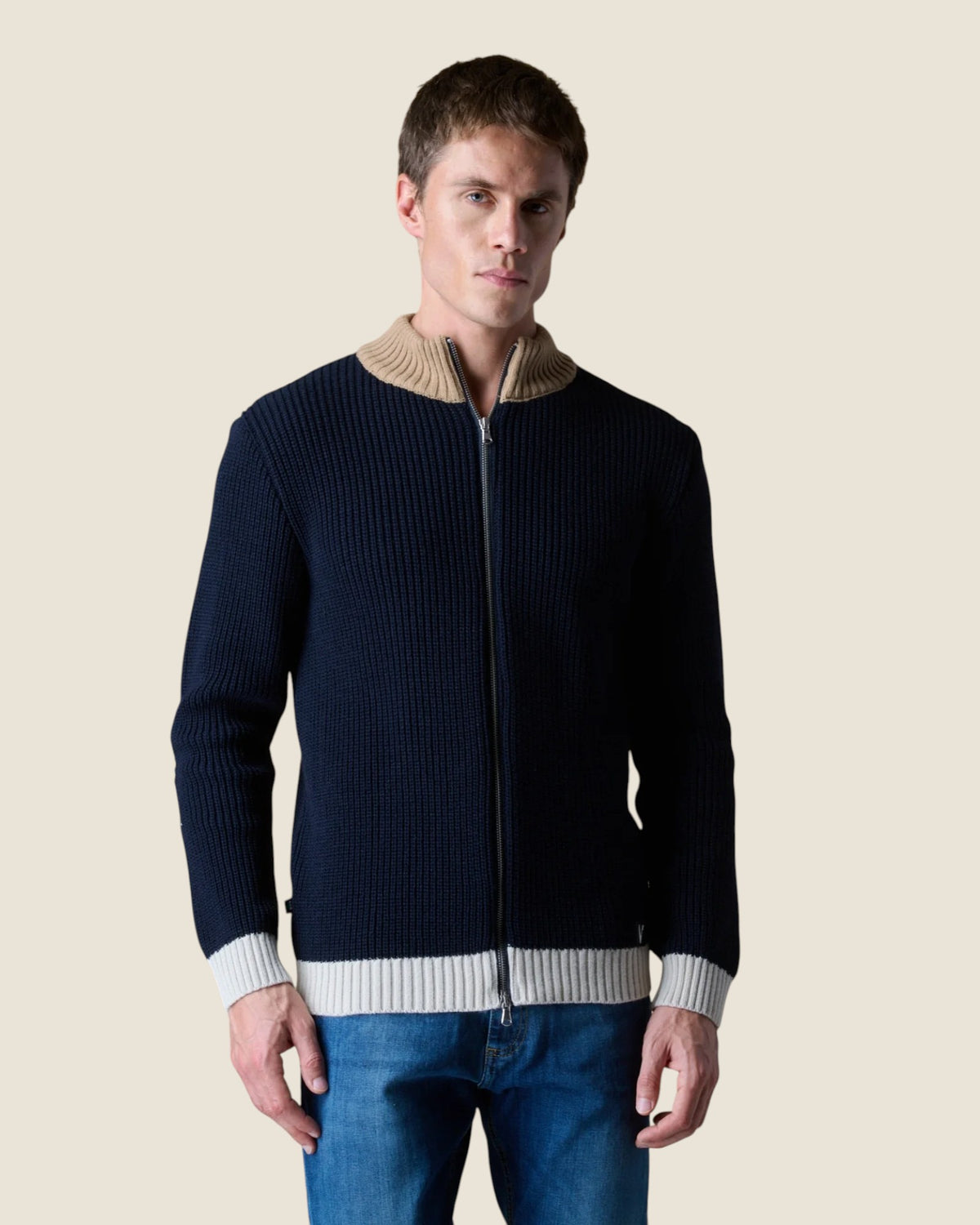 Cardigan Full Zip Costa Inglese con Toppe in velluto Ricamate Blu (2)
