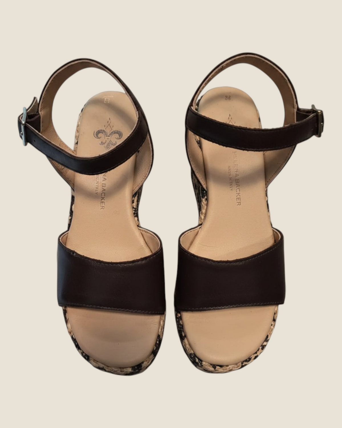 Madison Shop Helena Backer dark brown leather wedge sandals with animal print rope detail and adjustable ankle strap