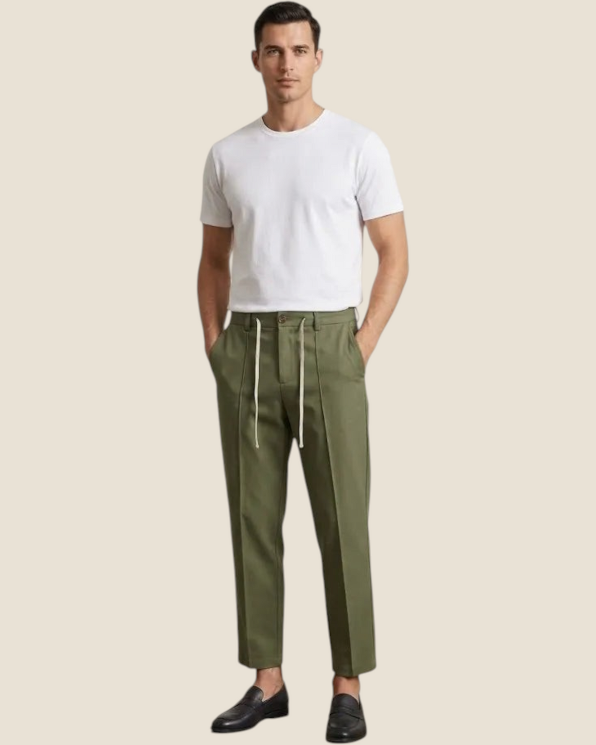 Madison Shop Over/D olive green slim fit capri trousers with drawstring waist and center crease on a male model