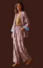 Madison Shop Dafne kimono and palazzo pants set in a pink botanical floral print with light blue sleeve cuffs