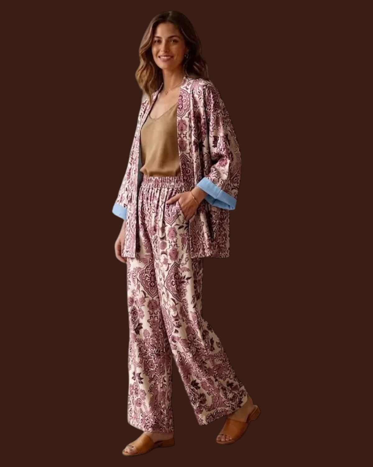 Madison Shop Dafne kimono and palazzo pants set in a pink botanical floral print with light blue sleeve cuffs