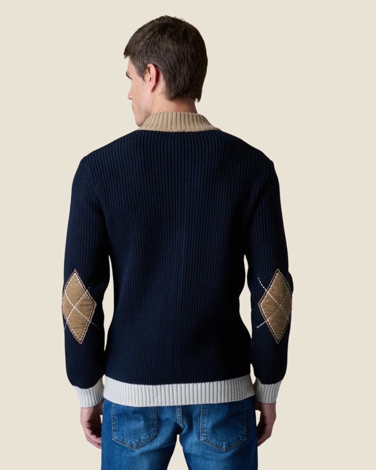 Cardigan Full Zip Costa Inglese con Toppe in velluto Ricamate Blu (5)