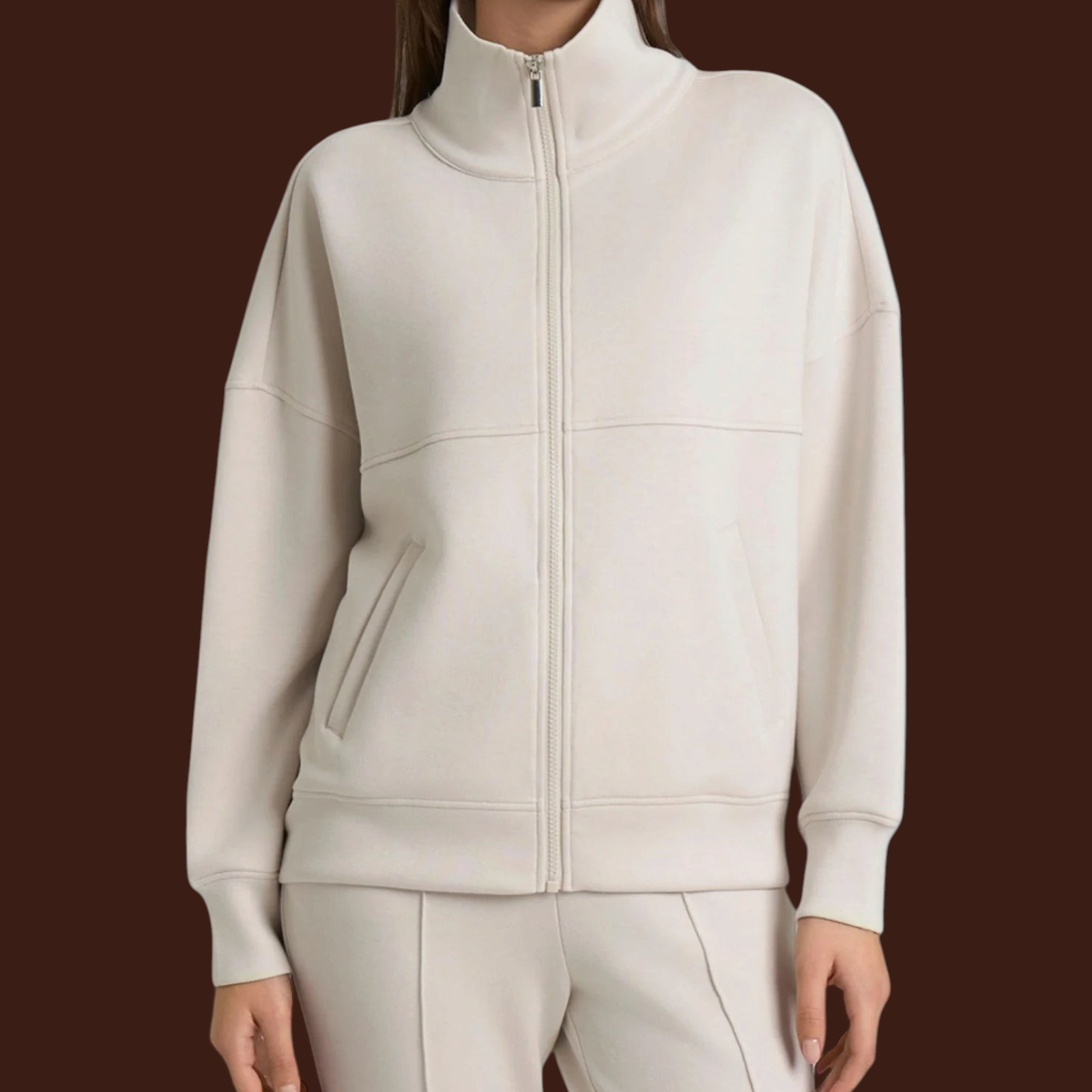 Giacchina Madison Shop in scuba color crema con zip frontale, collo alto e vestibilità morbida per donna