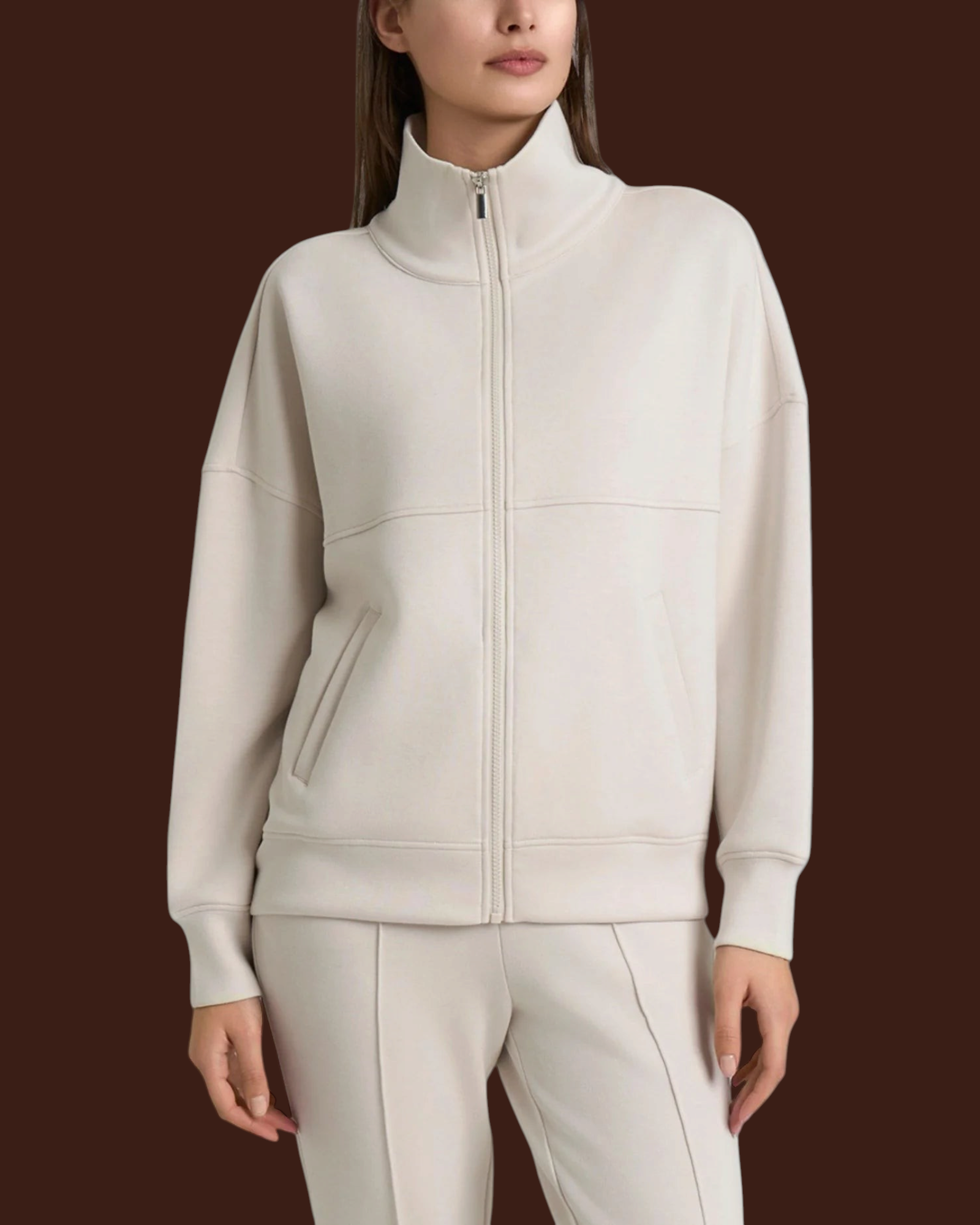 Giacchina Madison Shop in scuba color crema con zip frontale, collo alto e vestibilità morbida per donna