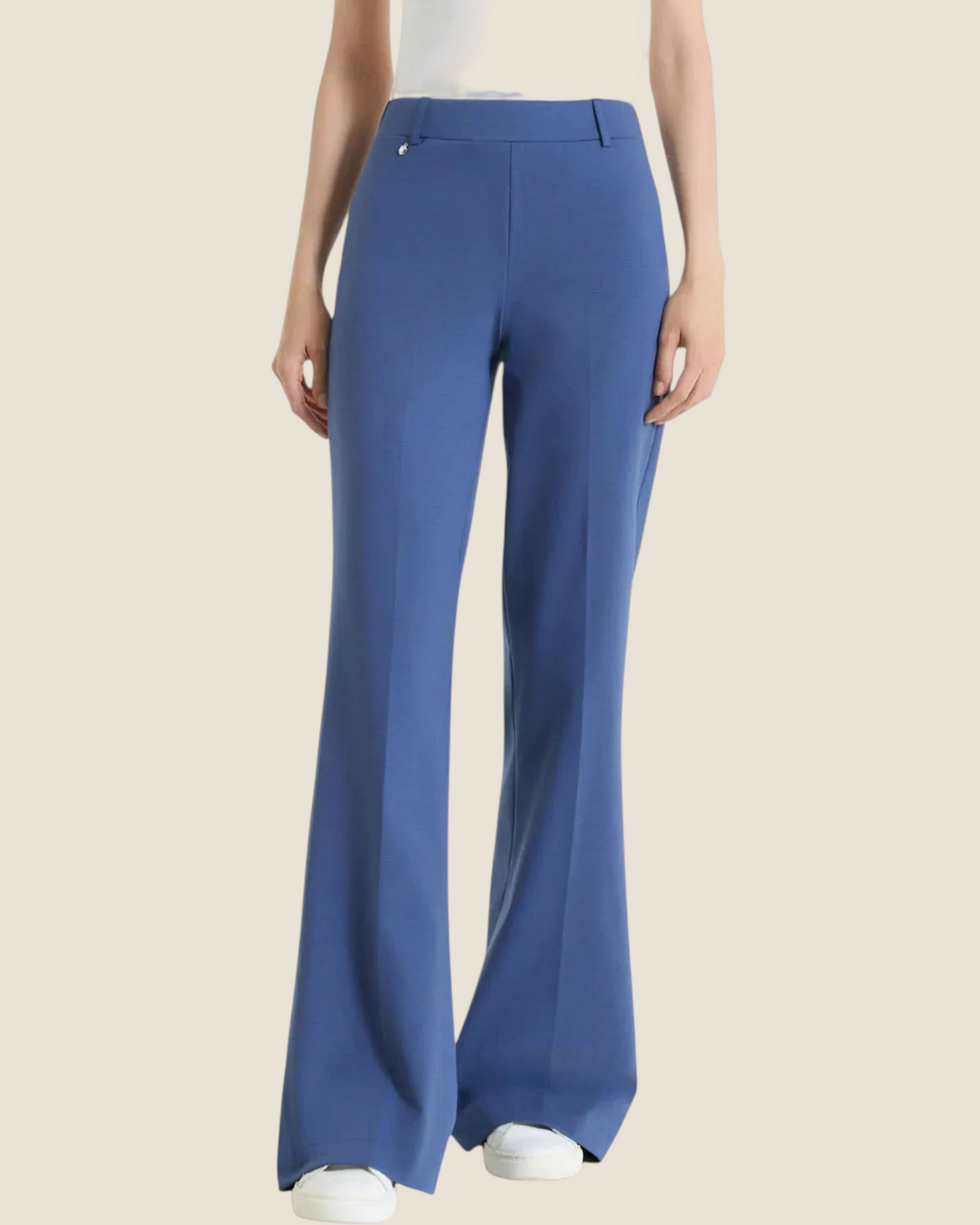 Pantalone flare blu Madison Shop in tessuto Compact Light con vita elasticizzata e passanti per cintura