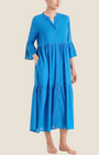 Madison Shop blue long tiered dress in slub muslin with button-down front, elbow-length ruffled sleeves, and pockets.