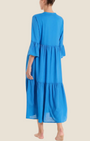 Madison Shop blue long tiered dress in slub muslin viscose with elbow-length ruffled sleeves, back view