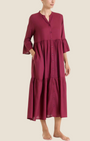 Madison Shop Ragno long burgundy viscose slub dress with button front, elbow-length ruffled sleeves, and side pockets.