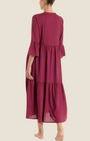Madison Shop burgundy long tiered dress in slub viscose with elbow-length ruffled sleeves, back view