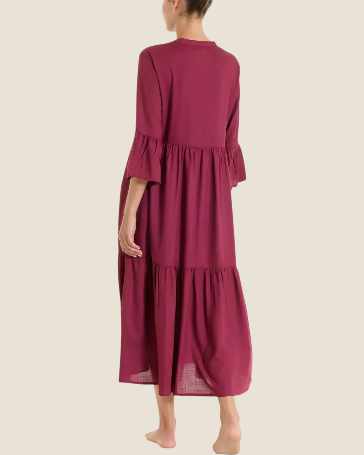 Madison Shop burgundy long tiered dress in slub viscose with elbow-length ruffled sleeves, back view