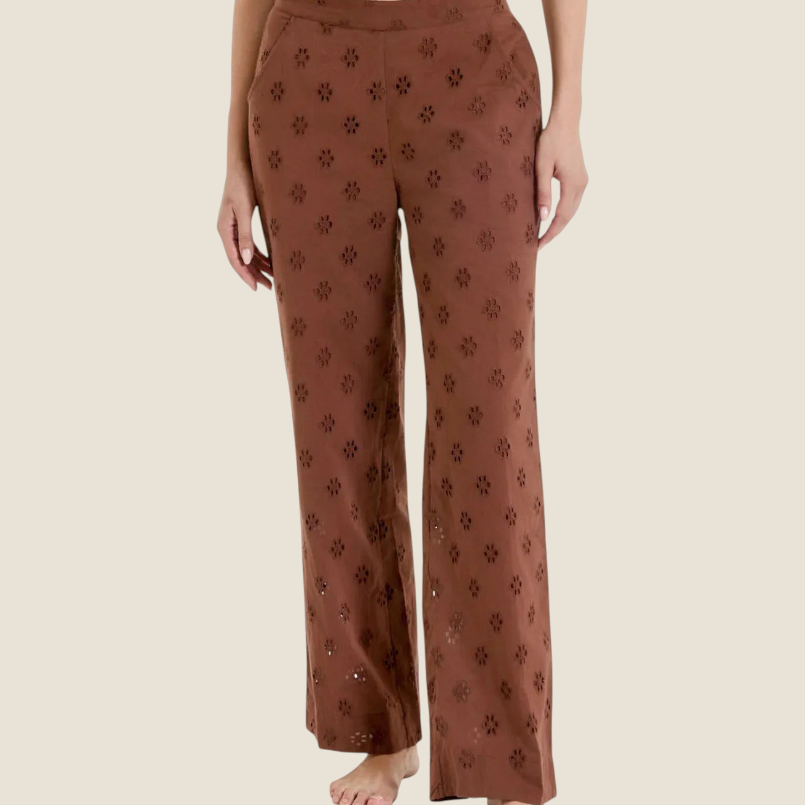 Madison Shop brown wide-leg trousers in cotton sangallo with delicate floral embroidery and side pockets.