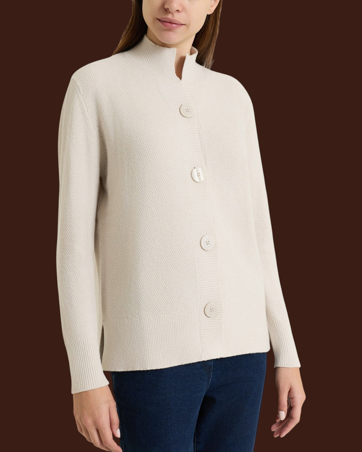 Cardigan lupetto con punto riso in Soft Wool Champignon