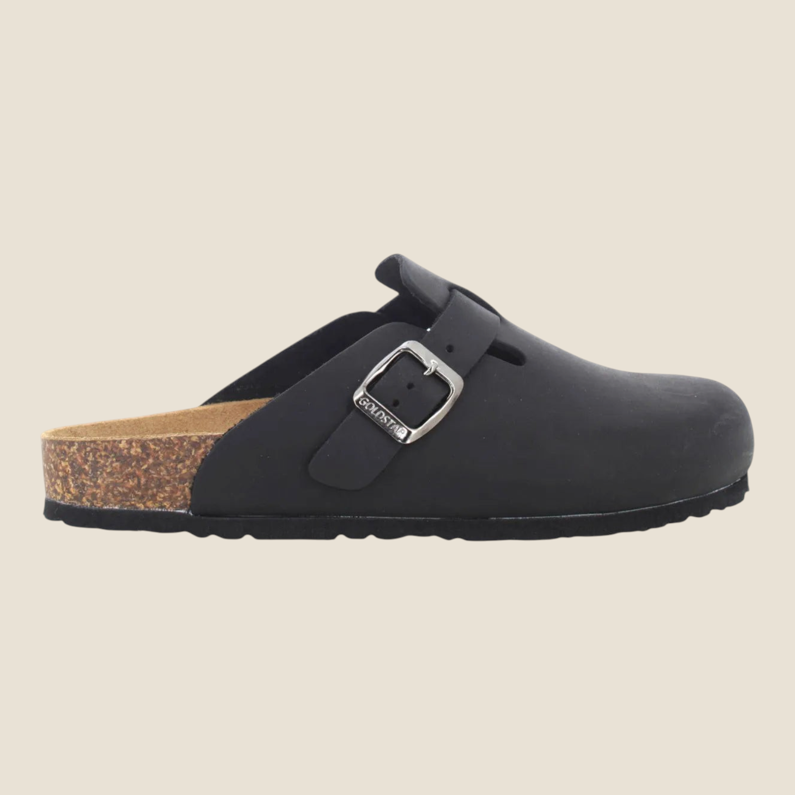 Sabot uomo Madison Shop Rafting Goldstar in pelle ingrassata nera con fibbia regolabile e plantare ergonomico