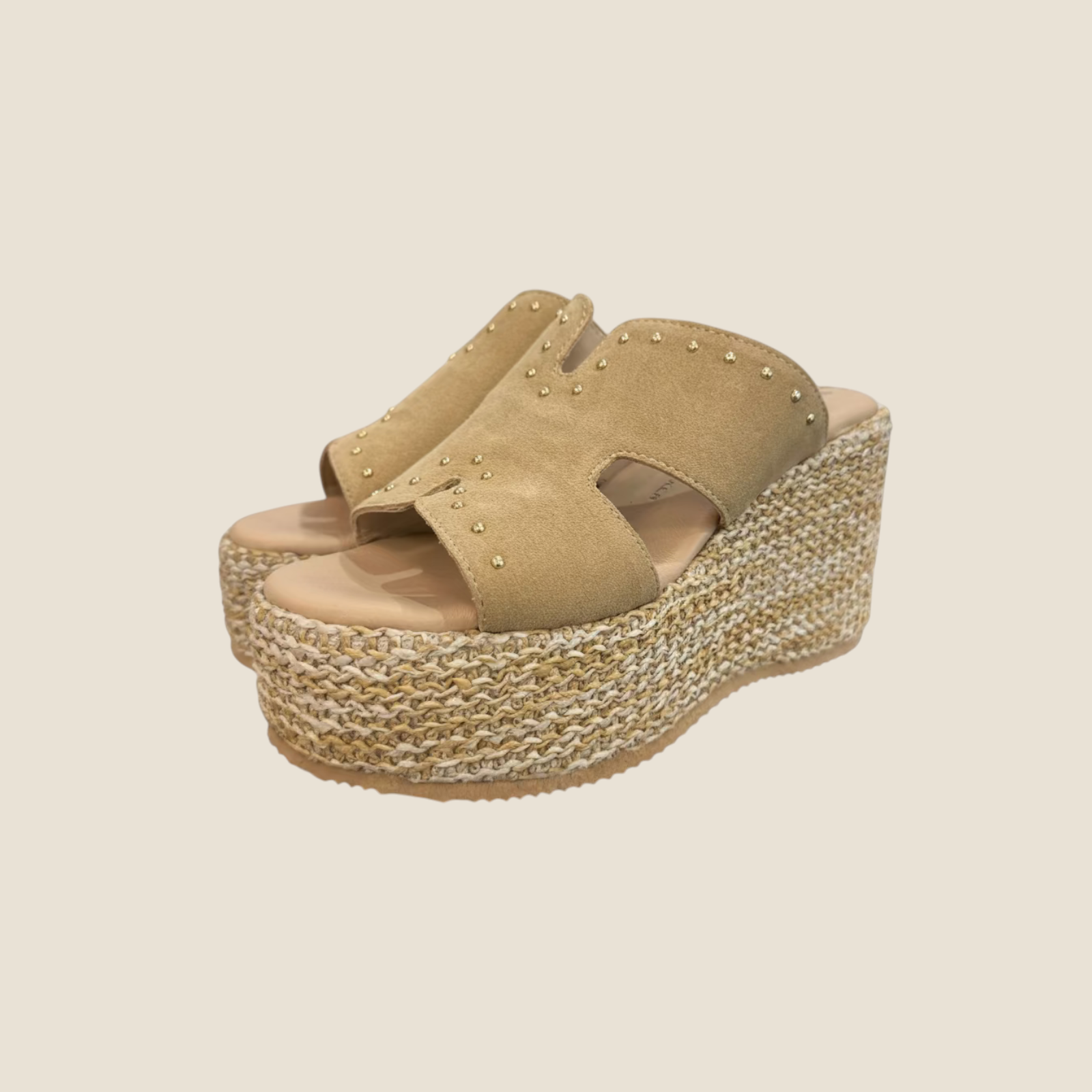 Madison Shop beige suede platform sabot sandals with gold stud details and braided rope espadrille wedge sole