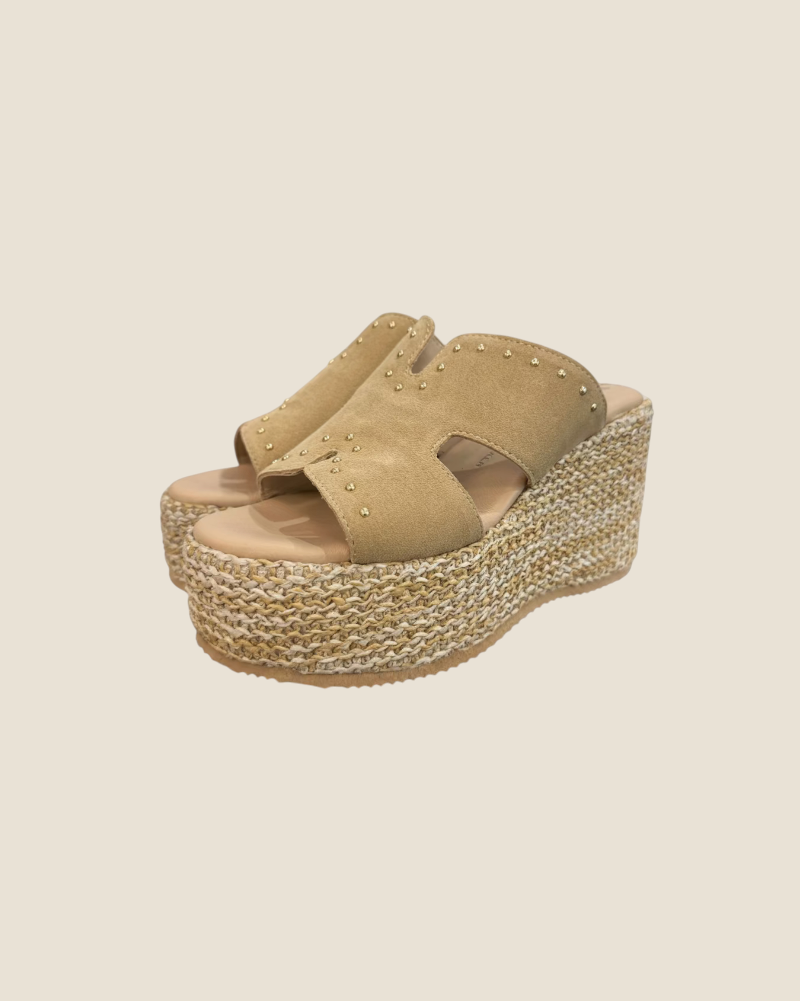 Madison Shop beige suede platform sabot sandals with gold stud details and braided rope espadrille wedge sole