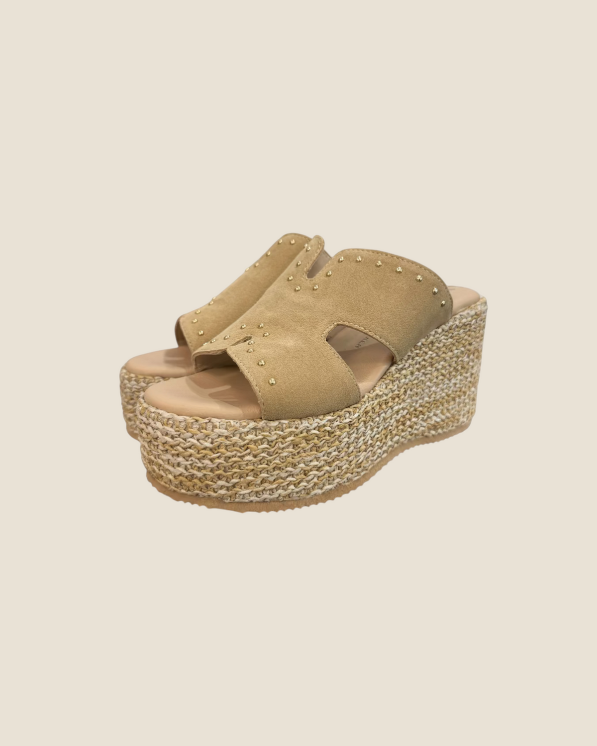 Madison Shop beige suede platform sabot sandals with gold stud details and braided rope espadrille wedge sole
