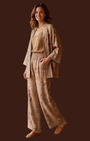 Madison Shop Dafne kimono and palazzo pants set in a beige botanical print with a striped viscose lining