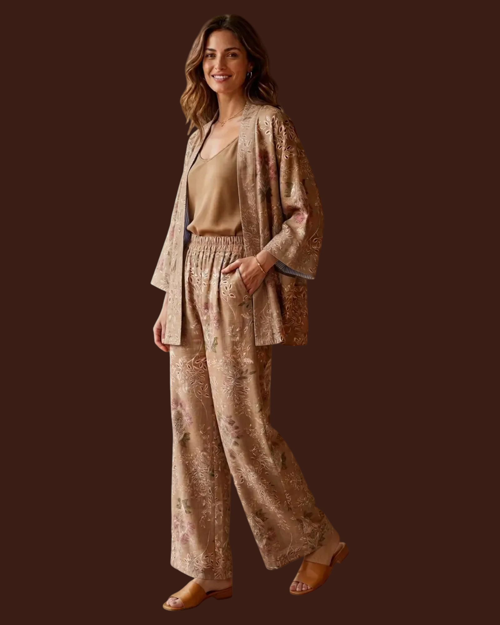 Madison Shop Dafne kimono and palazzo pants set in a beige botanical print with a striped viscose lining