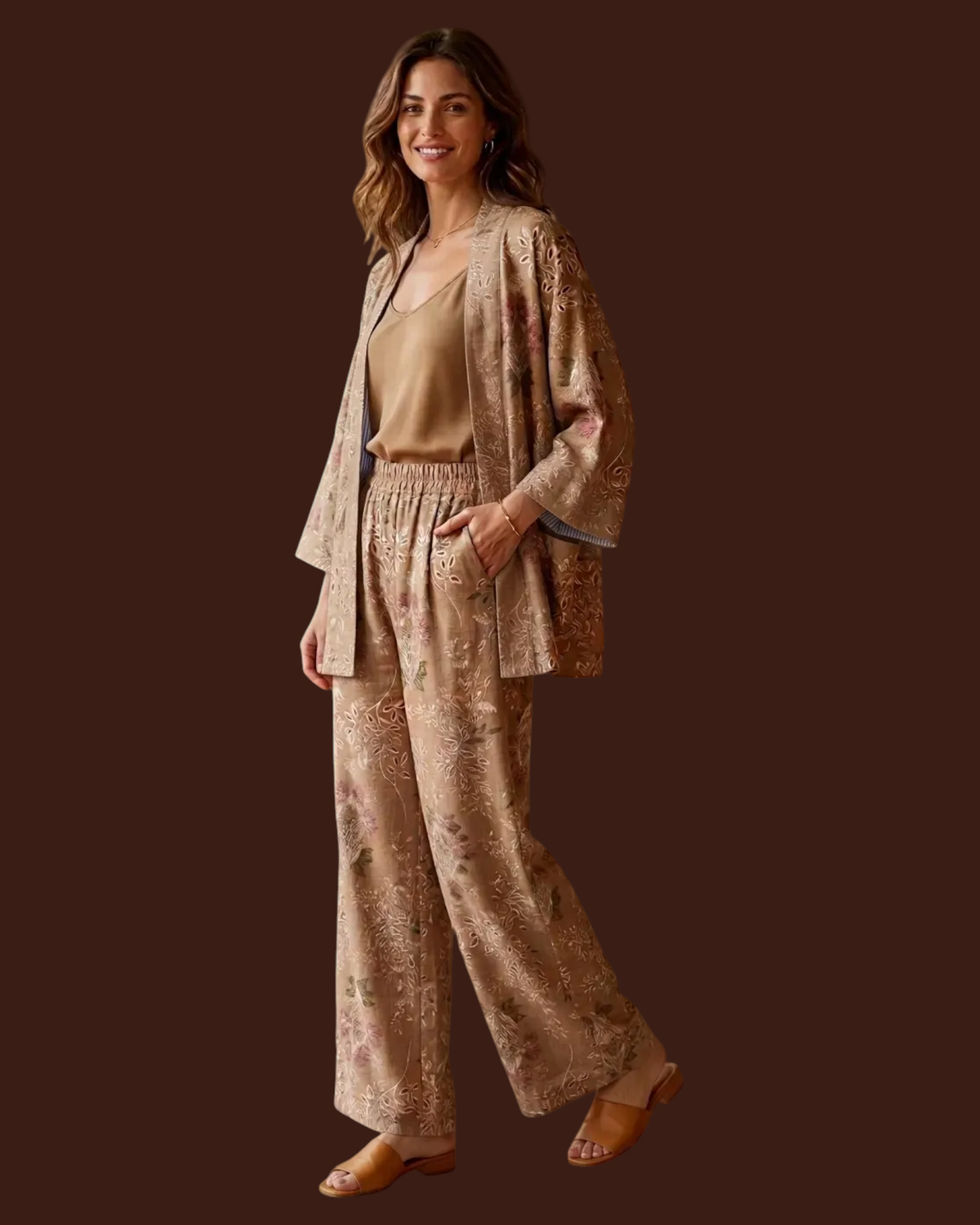 Madison Shop Dafne kimono and palazzo pants set in a beige botanical print with a striped viscose lining