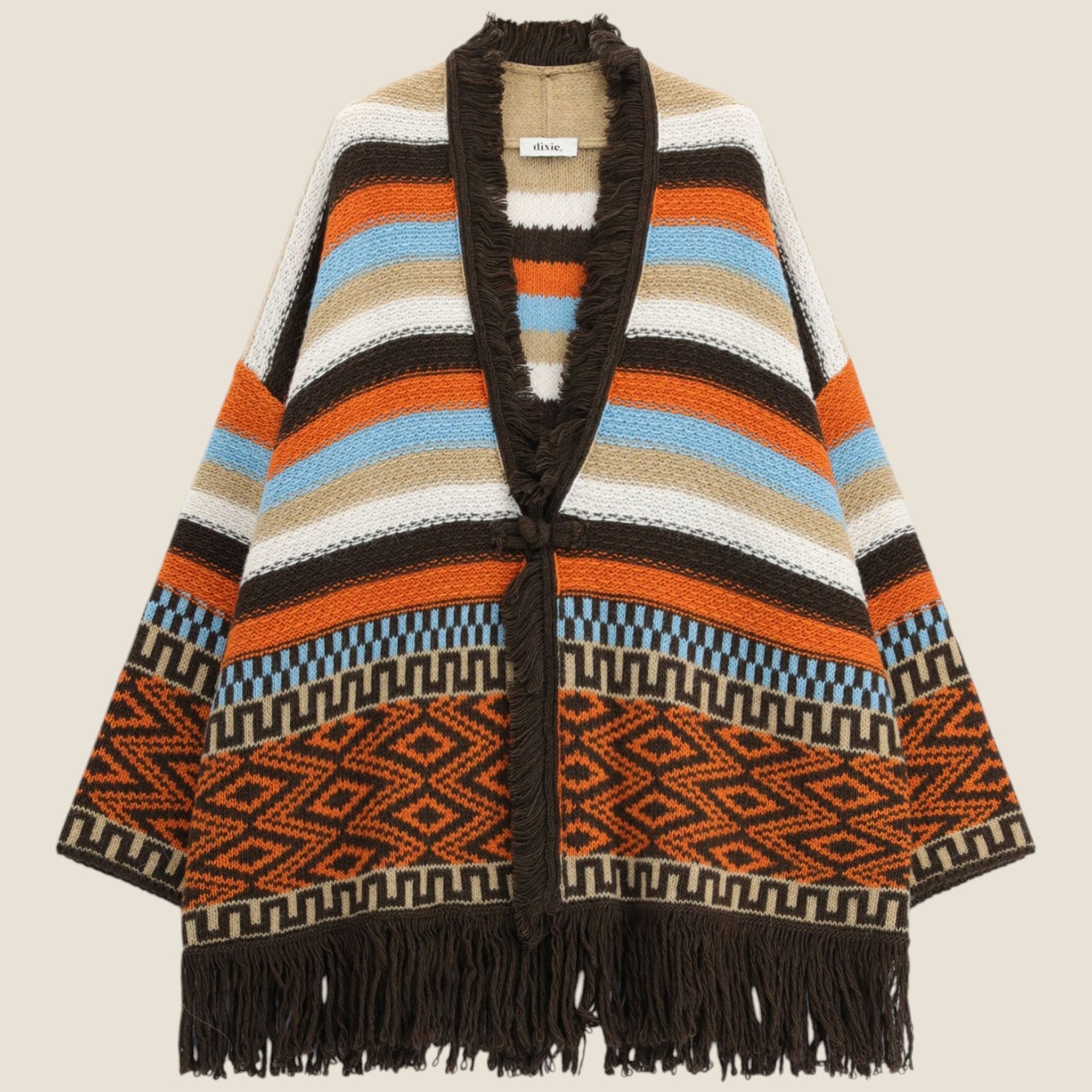 Cardigan con frange e motivo a righe e geometrie