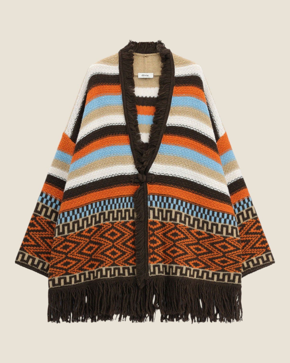 Cardigan con frange e motivo a righe e geometrie
