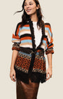 Cardigan con frange e motivo a righe e geometrie