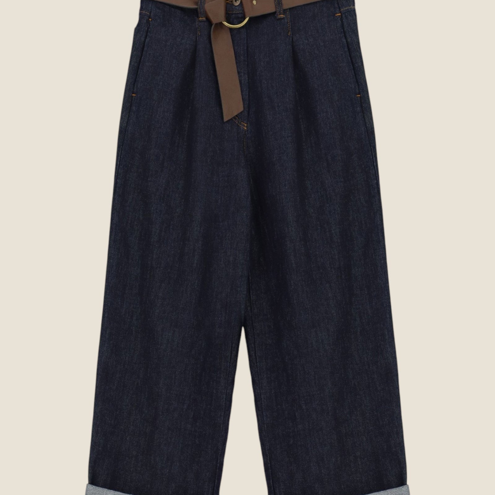 Jeans ampi con risvolto e cintura annodata Denim
