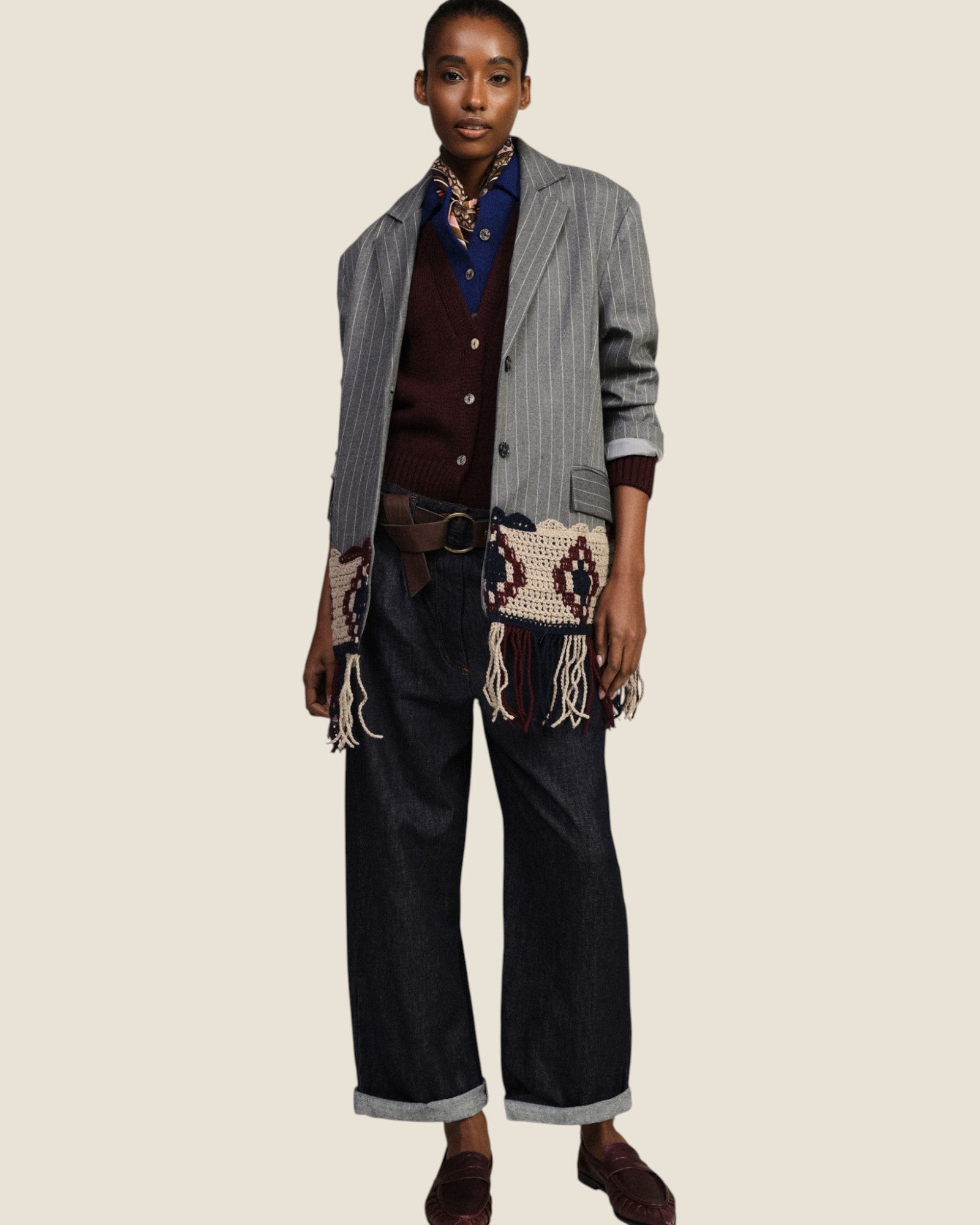 Jeans ampi con risvolto e cintura annodata Denim