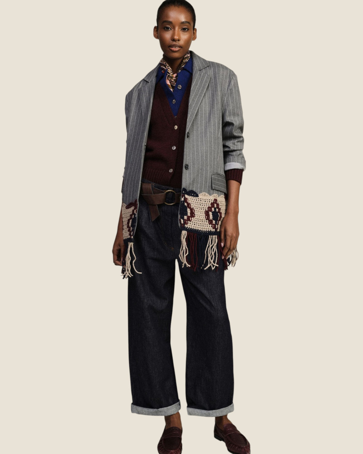 Jeans ampi con risvolto e cintura annodata Denim