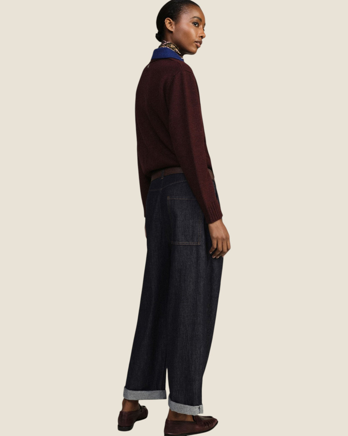 Jeans ampi con risvolto e cintura annodata Denim