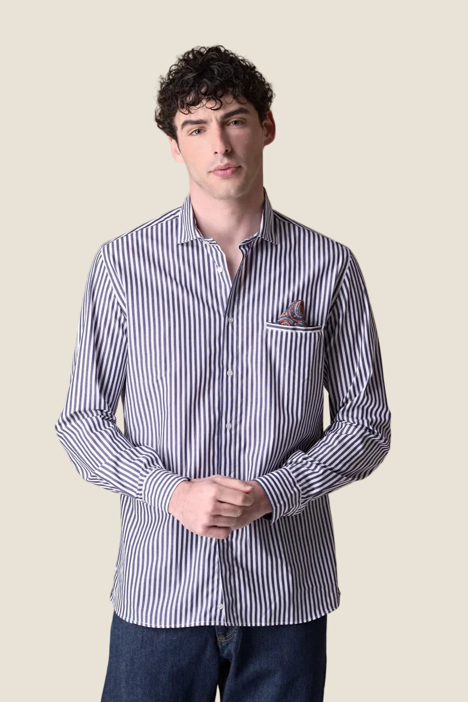 V2 - Camicia Rigata Blu con Pochette e dettagli in tessuto