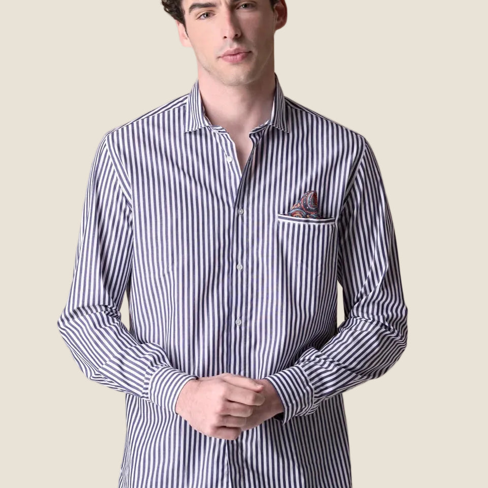 V2 - Camicia Rigata Blu con Pochette e dettagli in tessuto