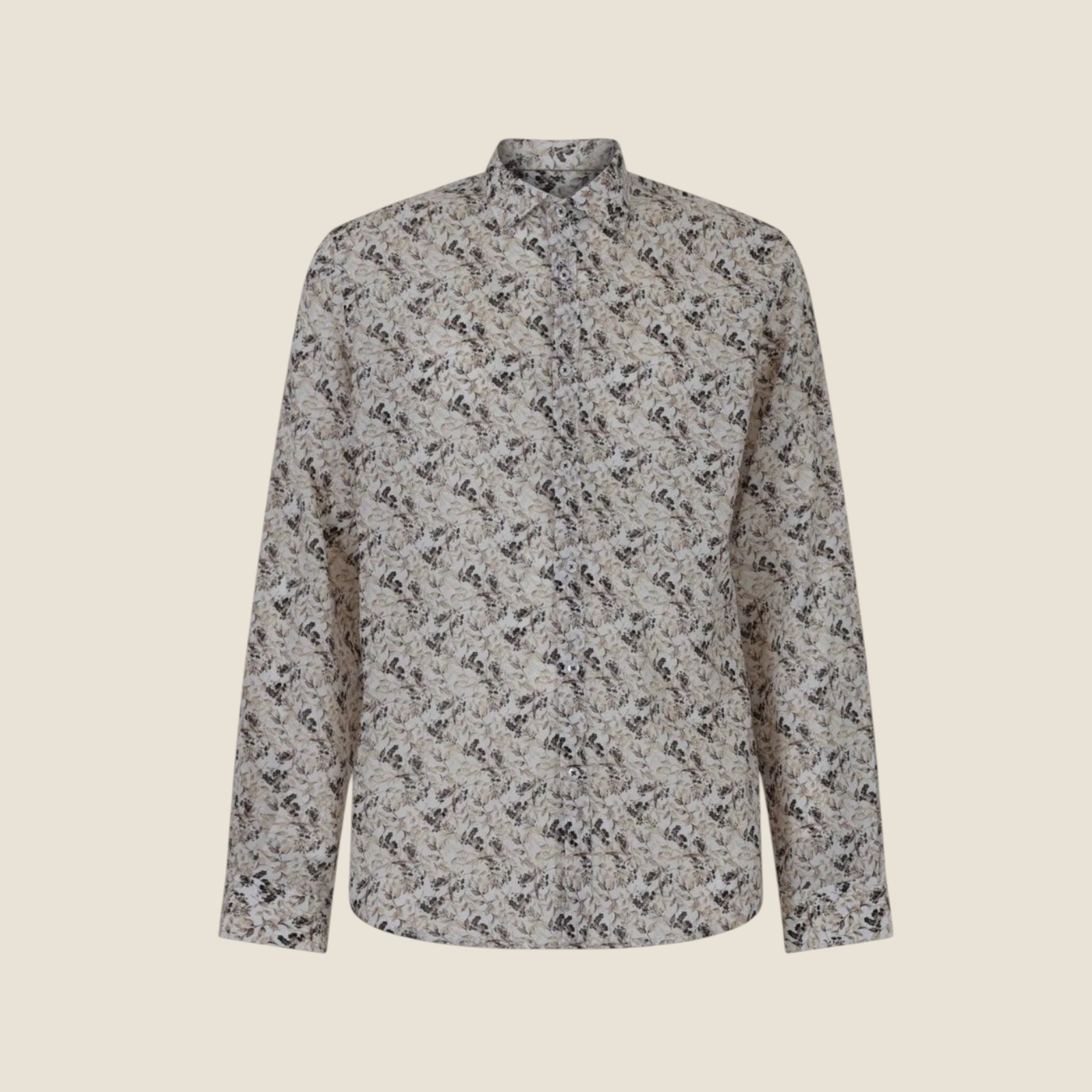 Madison Shop slim fit shirt in a natural earth-tone all-over floral print made from a lightweight cotton-linen blend.