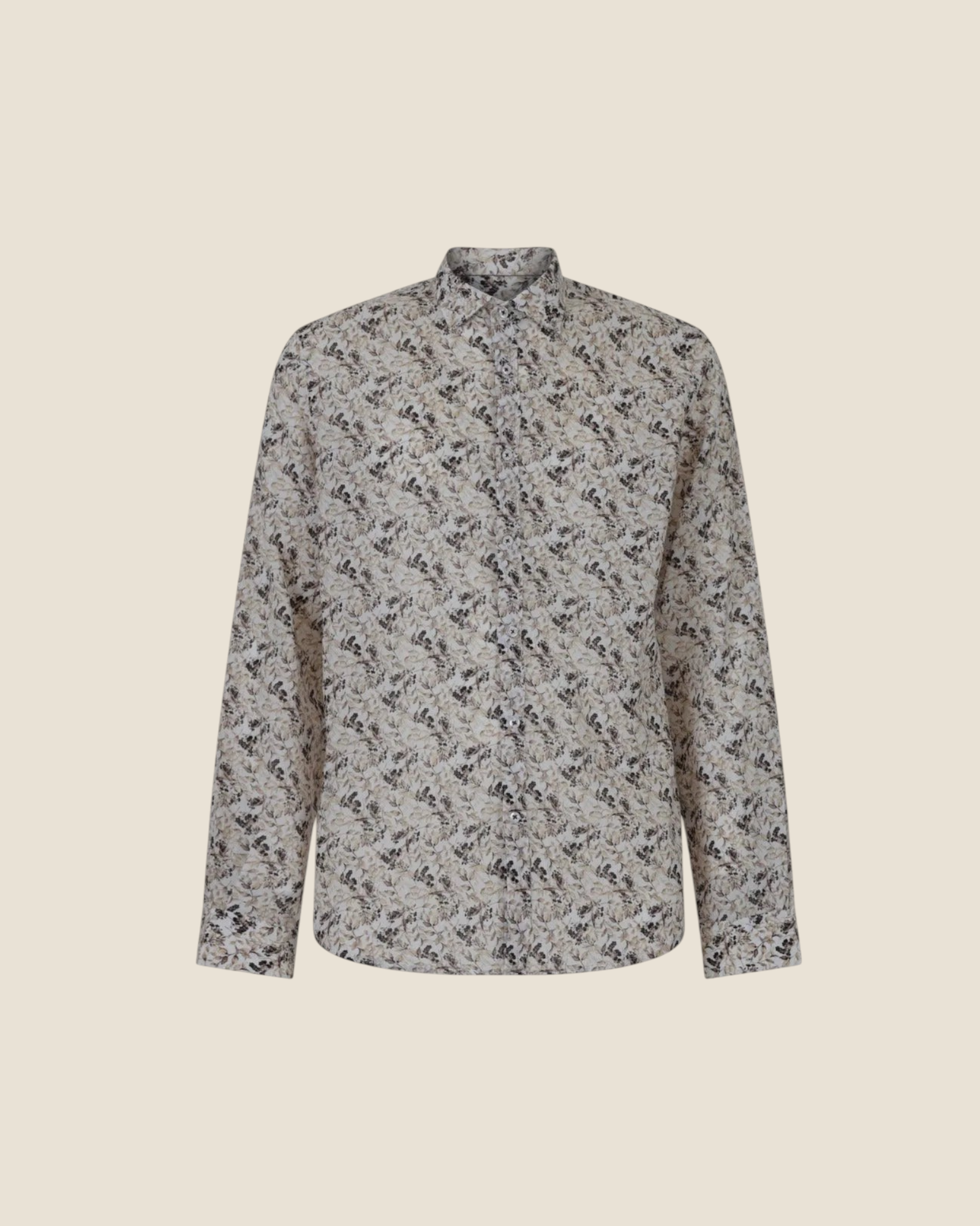 Madison Shop slim fit shirt in a natural earth-tone all-over floral print made from a lightweight cotton-linen blend.