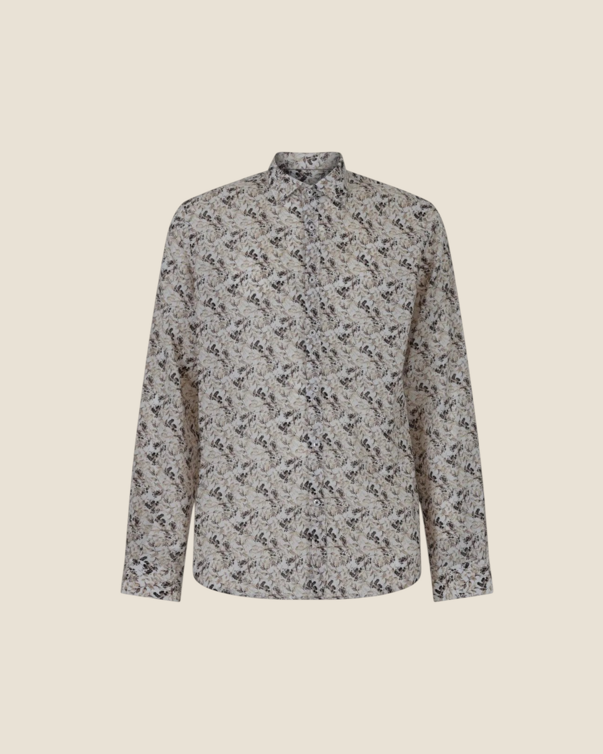 Madison Shop slim fit shirt in a natural earth-tone all-over floral print made from a lightweight cotton-linen blend.